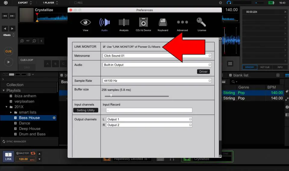 Rekordbox settings: link monitor off (error: Link Moni Off)