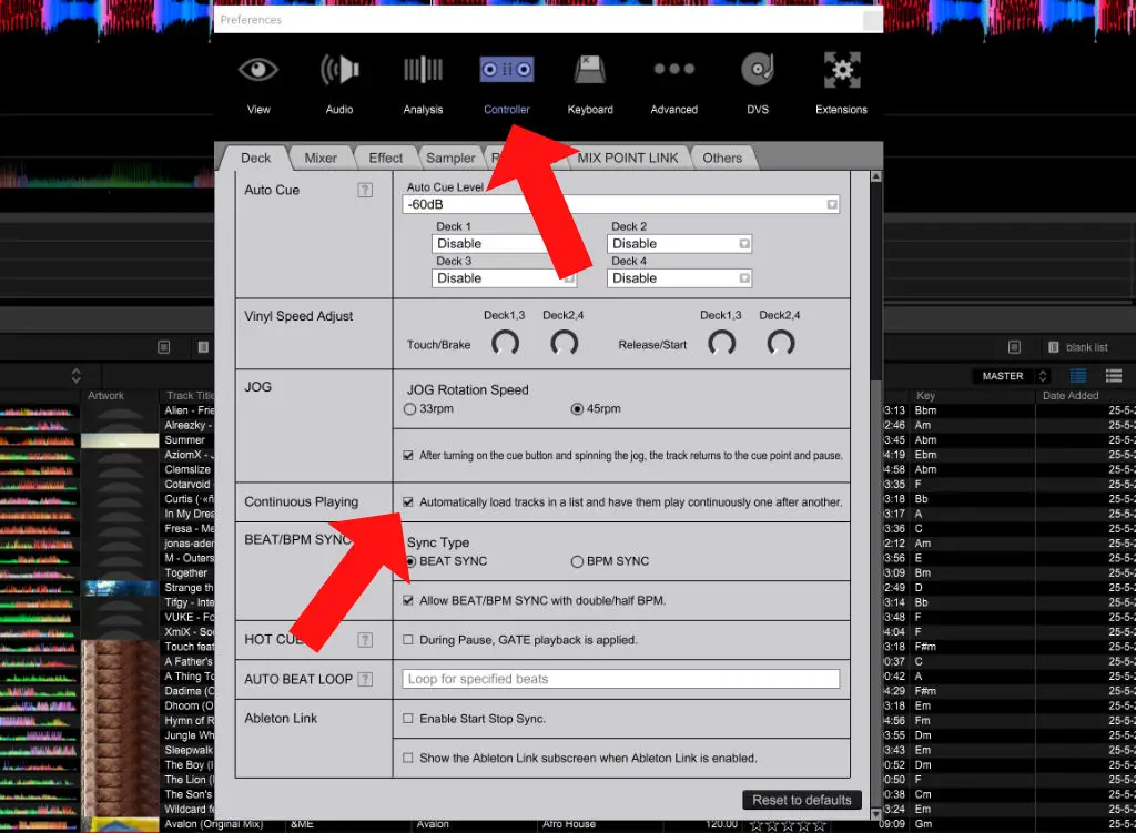 Continuous/auto play tracks in playlist in Rekordbox DeeJay Plaza